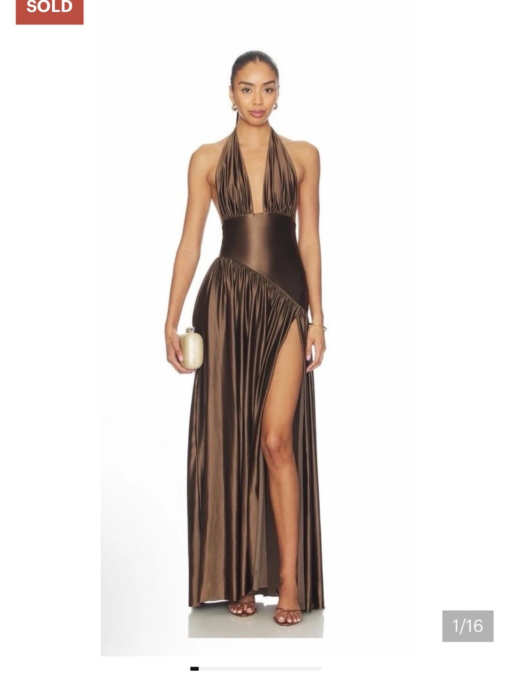 DELFI Rae Dress in Brown - Halter High Slit Evening Gown - Revolve